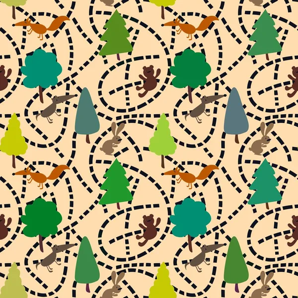 Animals Trees Seamless Autumn Spring Summer Forest Pattern Kids Clothes — Stockfoto
