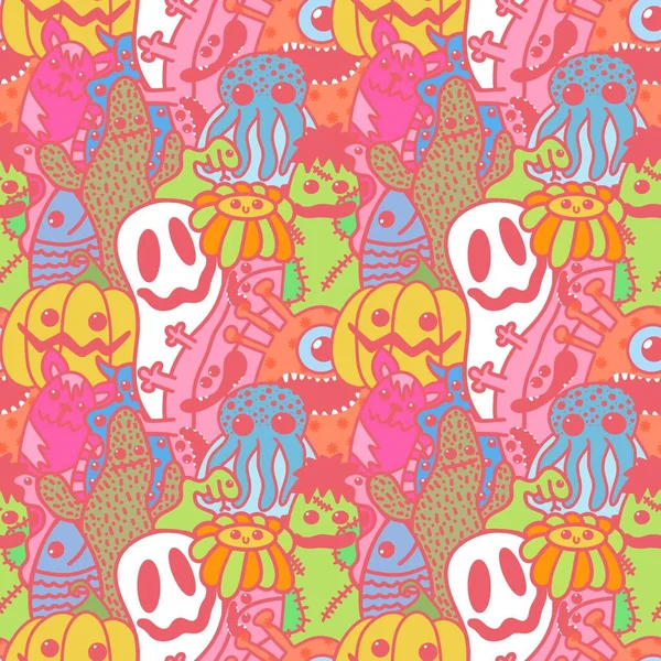 Halloween Cartoon Seamless Doodle Ghost Pumpkins Cactus Monsters Pattern Wrapping — Foto de Stock