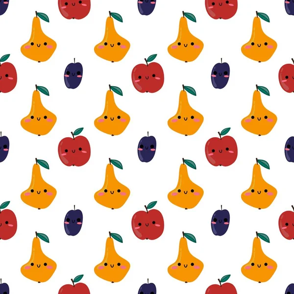 Autumn cartoon fruit seamless apples plums pears pattern for kids clothes print and accessories and wrapping paper and fabrics and kitchen. High quality illustration