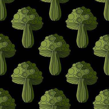 Autumn harvest Halloween fly agaric seamless cartoon mushrooms pattern for wrapping paper and kids clothes print and fabrics and accessories and linens and packaging. High quality illustration