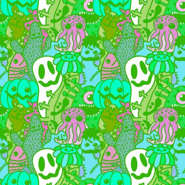Halloween cartoon seamless doodle ghost and pumpkins and cactus and monsters pattern for wrapping paper and kids fabrics and clothes print and accessories and notebooks. High quality illustration