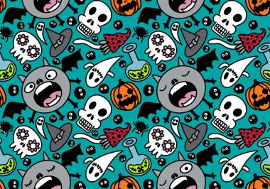 Cartoon Halloween seamless monster bats and sculls and pumpkins and ghost pattern for wrapping pattern and fabrics and accessories and notebooks and clothes print. High quality illustration