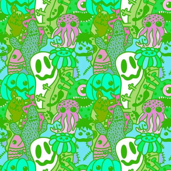 Halloween Cartoon Seamless Doodle Ghost Pumpkins Cactus Monsters Pattern Wrapping — Stockfoto