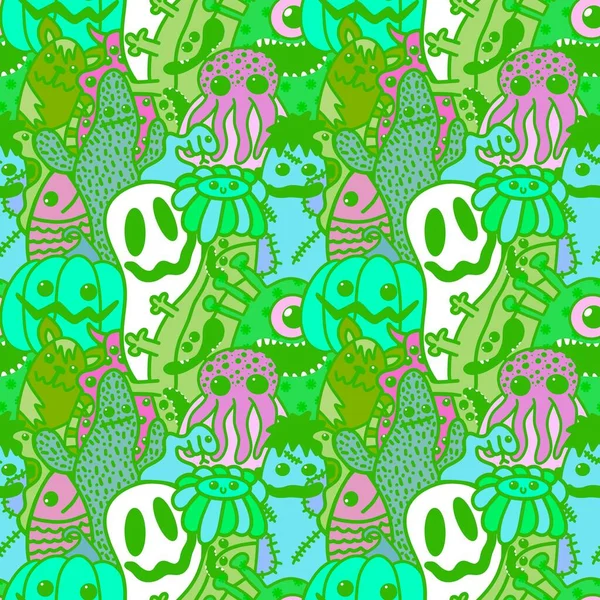 Halloween cartoon seamless doodle ghost and pumpkins and cactus and monsters pattern for wrapping paper and kids fabrics and clothes print and accessories and notebooks. High quality illustration
