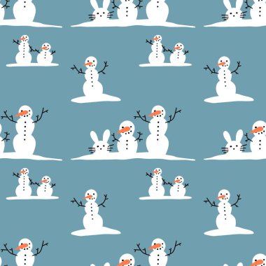 Noel ambalajı için kışın dikişsiz kardan adam ve kar taneleri deseni ve çocukların not defterleri, aksesuarları ve kumaşları. Yüksek kaliteli illüstrasyon