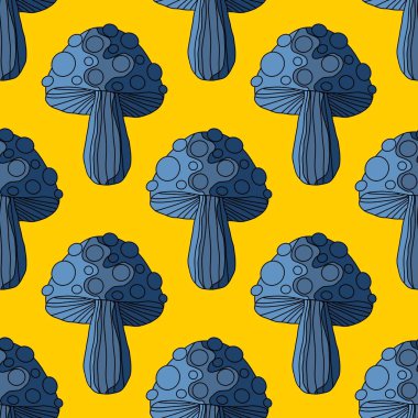 Autumn harvest Halloween fly agaric seamless cartoon mushrooms pattern for wrapping paper and kids clothes print and fabrics and accessories and linens and packaging. High quality illustration