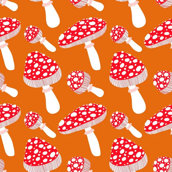 Cartoon Autumn Amanita Seamless Mushrooms Pattern Halloween Wrapping Paper Kids — стоковое фото
