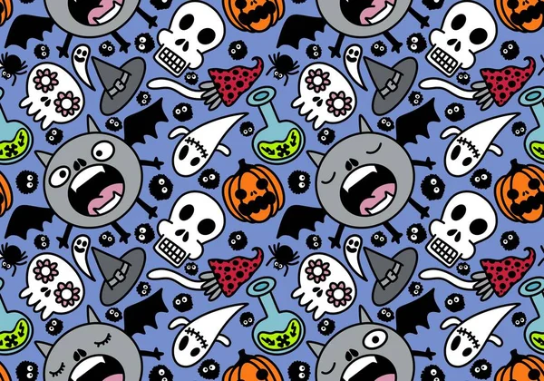 Cartoon Halloween Seamless Monster Bats Sculls Pumpkins Ghost Pattern Wrapping — Stok fotoğraf