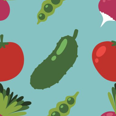 Autumn harvest cartoon seamless tomatoes and cucumber and radish and peas pattern for wrapping paper and linens and kitchen and clothes print and accessories and menus. High quality illustration