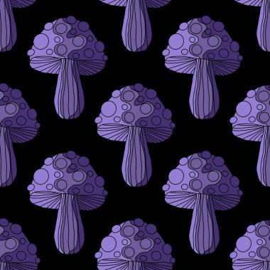 Autumn harvest Halloween fly agaric seamless cartoon mushrooms pattern for wrapping paper and kids clothes print and fabrics and accessories and linens and packaging. High quality illustration