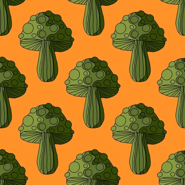 Autumn harvest Halloween fly agaric seamless cartoon mushrooms pattern for wrapping paper and kids clothes print and fabrics and accessories and linens and packaging. High quality illustration