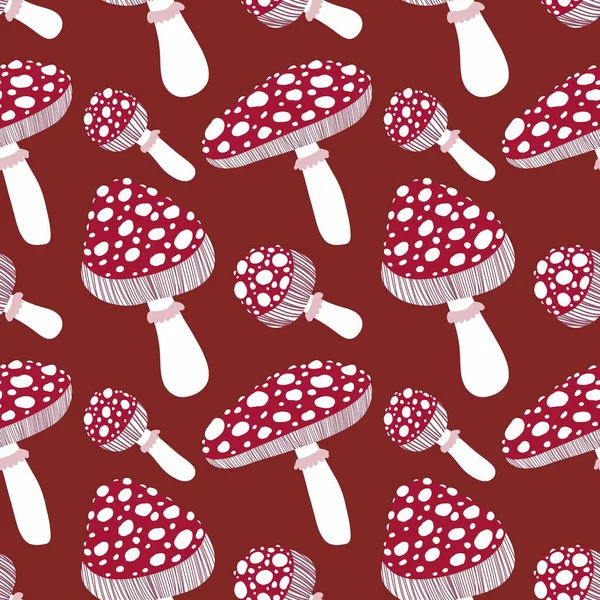 Cartoon autumn amanita seamless mushrooms pattern for Halloween wrapping paper and kids accessories and clothes print and study notebooks and fabrics. High quality illustration