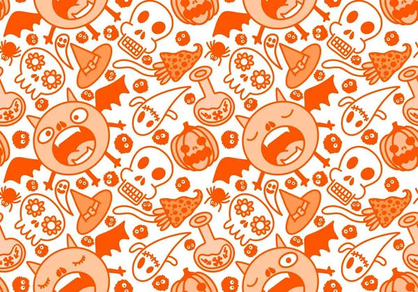 Cartoon Halloween Seamless Monster Bats Sculls Pumpkins Ghost Pattern Wrapping — Stock Fotó