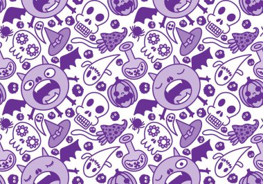 Cartoon Halloween seamless monster bats and sculls and pumpkins and ghost pattern for wrapping pattern and fabrics and accessories and notebooks and clothes print. High quality illustration