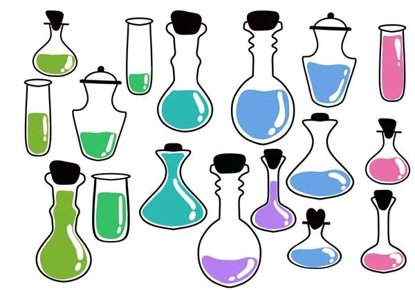 Set Halloween witches poison potion bottle for wrapping paper and stickers and kids and accessories and print and notebooks. High quality illustration