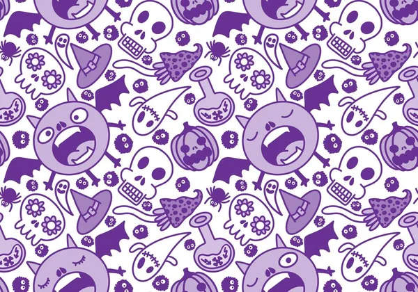 Cartoon Halloween Seamless Monster Bats Sculls Pumpkins Ghost Pattern Wrapping — Foto Stock