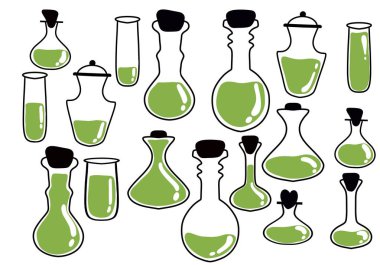 Set Halloween witches poison potion bottle for wrapping paper and stickers and kids and accessories and print and notebooks. High quality illustration