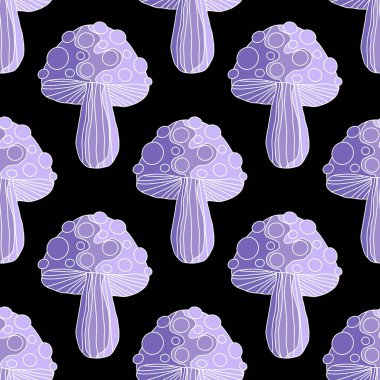 Autumn harvest Halloween fly agaric seamless cartoon mushrooms pattern for wrapping paper and kids clothes print and fabrics and accessories and linens and packaging. High quality illustration