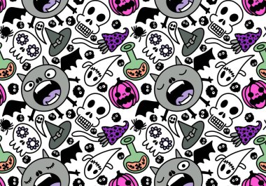 Cartoon Halloween seamless monster bats and sculls and pumpkins and ghost pattern for wrapping pattern and fabrics and accessories and notebooks and clothes print. High quality illustration