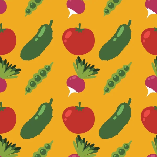 Autumn harvest cartoon seamless tomatoes and cucumber and radish and peas pattern for wrapping paper and linens and kitchen and clothes print and accessories and menus. High quality illustration