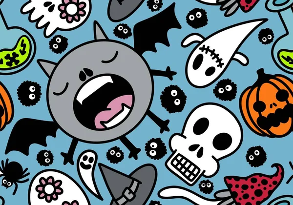 Cartoon Halloween seamless monster bats and sculls and pumpkins and ghost pattern for wrapping pattern and fabrics and accessories and notebooks and clothes print. High quality illustration