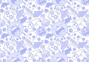 Cartoon Halloween seamless monster bats and sculls and pumpkins and ghost pattern for wrapping pattern and fabrics and accessories and notebooks and clothes print. High quality illustration