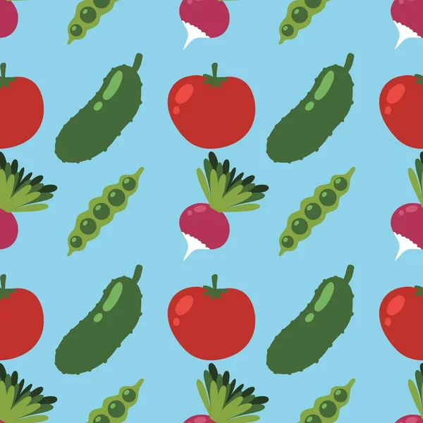 Autumn harvest cartoon seamless tomatoes and cucumber and radish and peas pattern for wrapping paper and linens and kitchen and clothes print and accessories and menus. High quality illustration