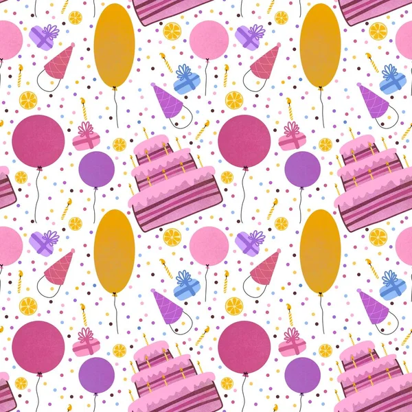 Birthday Cake Balloons Seamless Festive Pattern Kids Wrapping Paper Clothes — Stockfoto