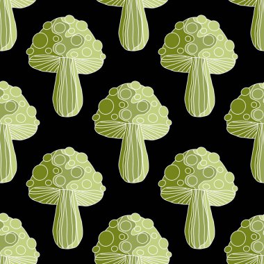 Autumn harvest Halloween fly agaric seamless cartoon mushrooms pattern for wrapping paper and kids clothes print and fabrics and accessories and linens and packaging. High quality illustration