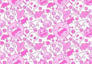Cartoon Halloween seamless monster bats and sculls and pumpkins and ghost pattern for wrapping pattern and fabrics and accessories and notebooks and clothes print. High quality illustration