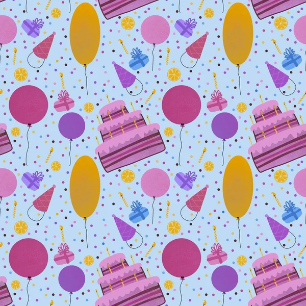 Birthday Cake Balloons Seamless Festive Pattern Kids Wrapping Paper Clothes — Stockfoto