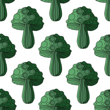 Autumn harvest Halloween fly agaric seamless cartoon mushrooms pattern for wrapping paper and kids clothes print and fabrics and accessories and linens and packaging. High quality illustration