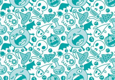 Cartoon Halloween seamless monster bats and sculls and pumpkins and ghost pattern for wrapping pattern and fabrics and accessories and notebooks and clothes print. High quality illustration