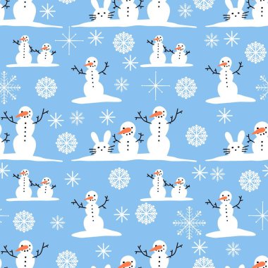 Noel ambalajı için kışın dikişsiz kardan adam ve kar taneleri deseni ve çocukların not defterleri, aksesuarları ve kumaşları. Yüksek kaliteli illüstrasyon
