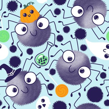 Halloween cartoon seamless spider and ghost pattern for wrapping paper and accessories and kids clothes print and notebooks and fabrics and hobbies. High quality illustration