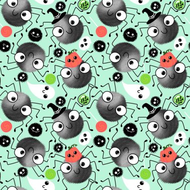 Halloween cartoon seamless spider and ghost pattern for wrapping paper and accessories and kids clothes print and notebooks and fabrics and hobbies. High quality illustration