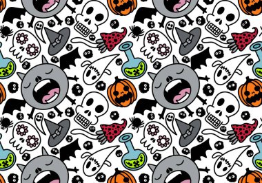 Cartoon Halloween seamless monster bats and sculls and pumpkins and ghost pattern for wrapping pattern and fabrics and accessories and notebooks and clothes print. High quality illustration