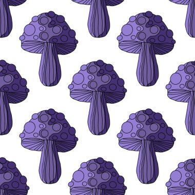 Autumn harvest Halloween fly agaric seamless cartoon mushrooms pattern for wrapping paper and kids clothes print and fabrics and accessories and linens and packaging. High quality illustration