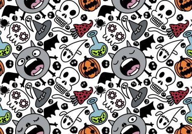Cartoon Halloween seamless monster bats and sculls and pumpkins and ghost pattern for wrapping pattern and fabrics and accessories and notebooks and clothes print. High quality illustration