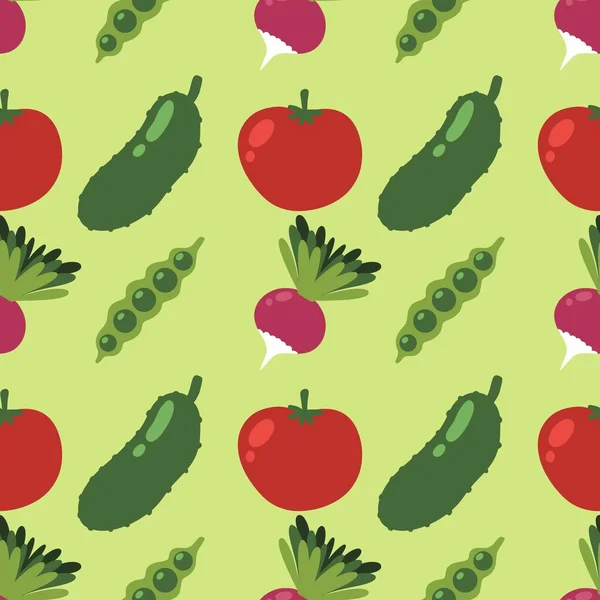 Autumn harvest cartoon seamless tomatoes and cucumber and radish and peas pattern for wrapping paper and linens and kitchen and clothes print and accessories and menus. High quality illustration