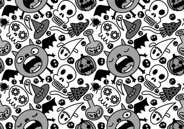 Cartoon Halloween seamless monster bats and sculls and pumpkins and ghost pattern for wrapping pattern and fabrics and accessories and notebooks and clothes print. High quality illustration