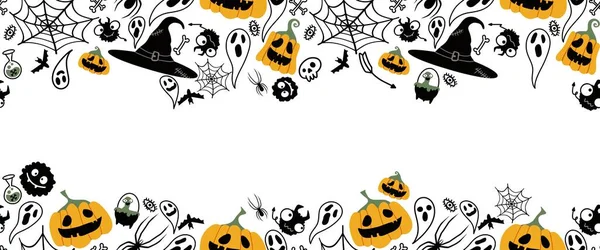 Halloween seamless pumpkins and witch hat and ghost pattern for fabrics and wrapping paper and clothes print and notebooks and accessories and party. High quality illustration