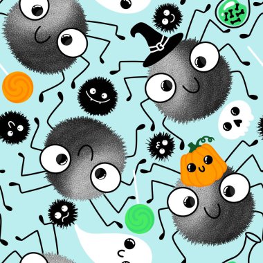 Halloween cartoon seamless spider and ghost pattern for wrapping paper and accessories and kids clothes print and notebooks and fabrics and hobbies. High quality illustration