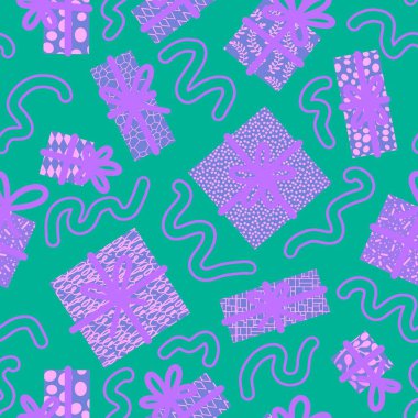 Festive gifts box seamless present with ribbons and bow pattern for birthday and Christmas and wrapping paper and accessories and notebooks 