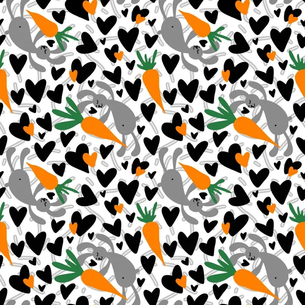 Kids cartoon seamless rabbit and carrot pattern for wrapping paper and clothes print and fabrics and linens and school accessories and study notebooks. High quality illustration