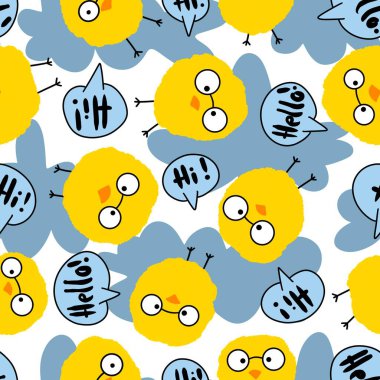 Cartoon yellow chicken seamless doodle Easter pattern for wrapping paper and kids clothes print and accessories and fabrics and notebooks and kitchen and linens . High quality illustration