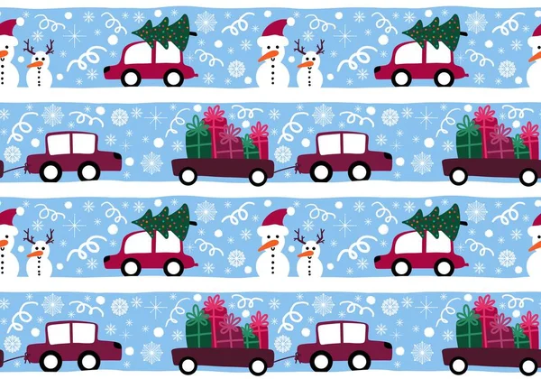 Cartoon Noel seamless snowman and snowflakes and gifts and Christmas tree pattern for wrapping paper and kids clothes print and fabrics and accessories and notebooks. High quality illustration