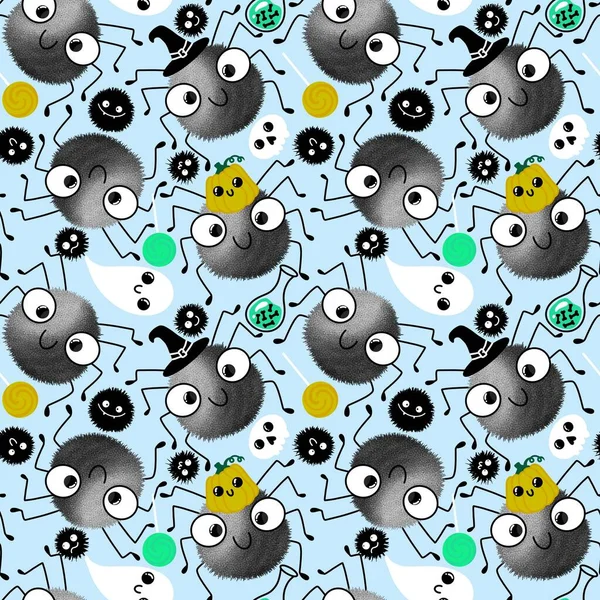 Halloween cartoon seamless spider and ghost pattern for wrapping paper and accessories and kids clothes print and notebooks and fabrics and hobbies. High quality illustration