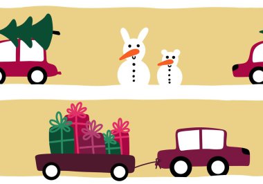 Cartoon Noel seamless snowman and snowflakes and gifts and Christmas tree pattern for wrapping paper and kids clothes print and fabrics and accessories and notebooks. High quality illustration