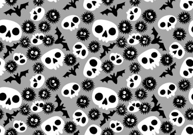 Cartoon doodle seamless Halloween skulls pattern for wrapping paper and clothes print and kids accessories and fabrics and notebooks and textiles. High quality illustration